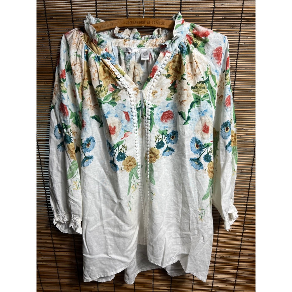 Kaktus Floral Peasant Blouse White Blue Yellow Pom Pom Trim Ruffle Neck Large